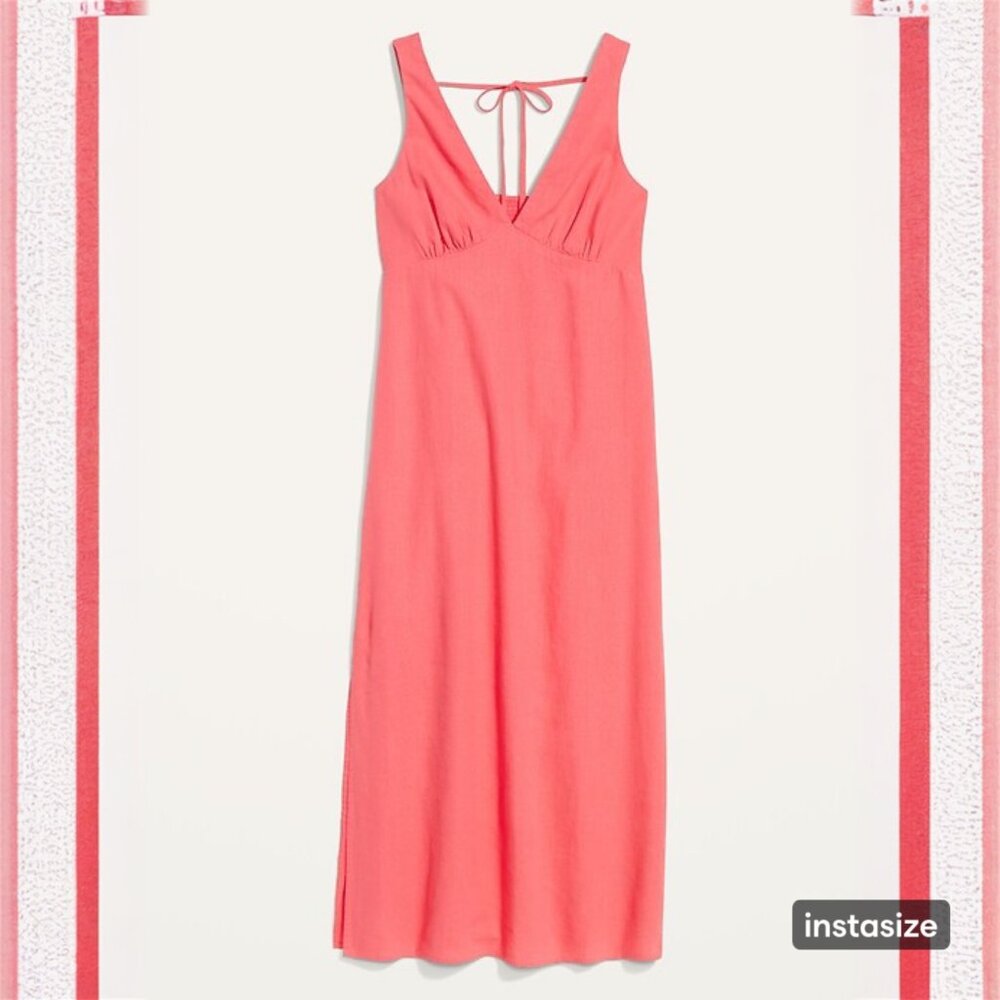 Old Navy Coral Pink V Neck Smocked Back Linen Blend Dress Large - Picture 2 of 12